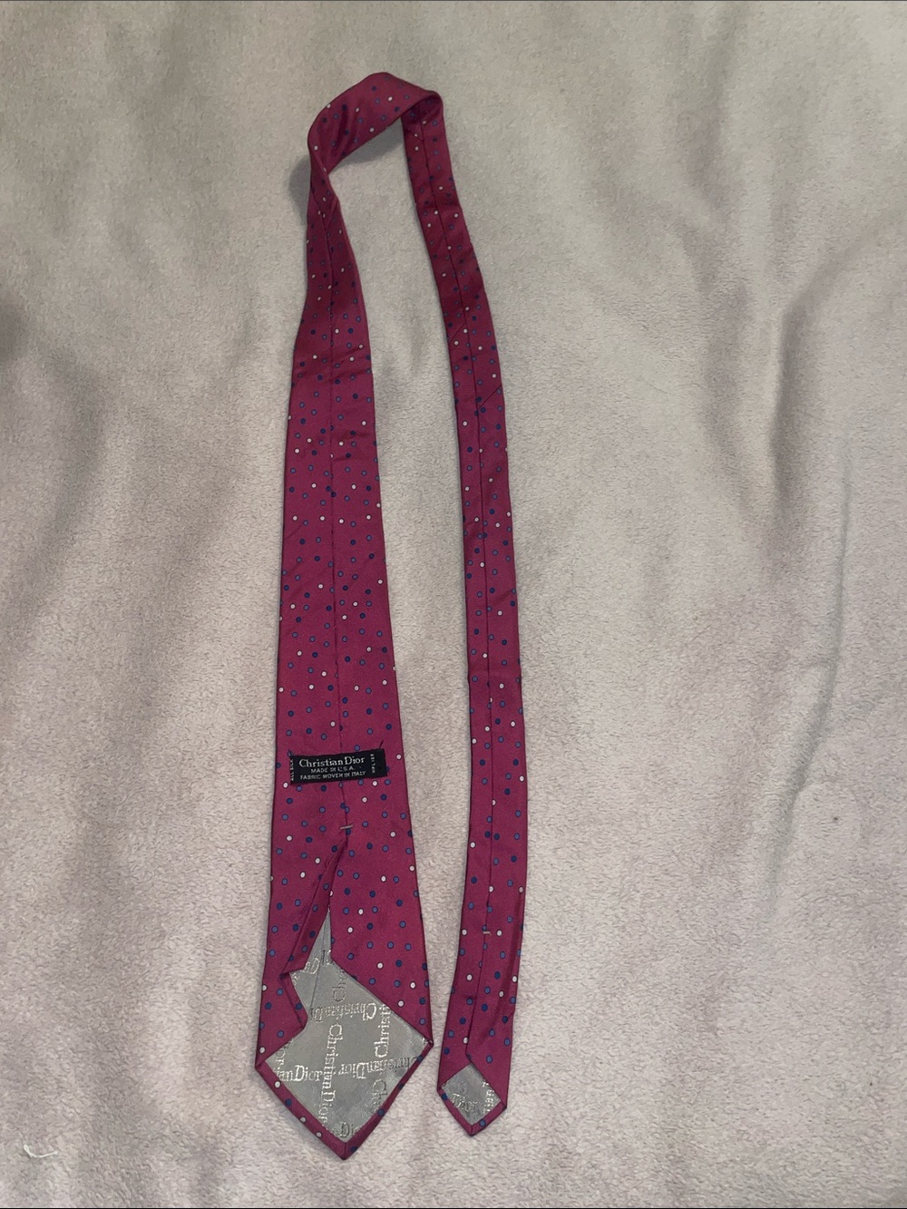 Christian Dior Men's Fuchsia Silk Tie with Blue Dot Pattern